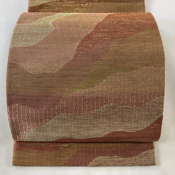 袋帯 美品 秀品 本泥染 幾何学模様 箔 金糸 ピンク 六通 正絹 中古