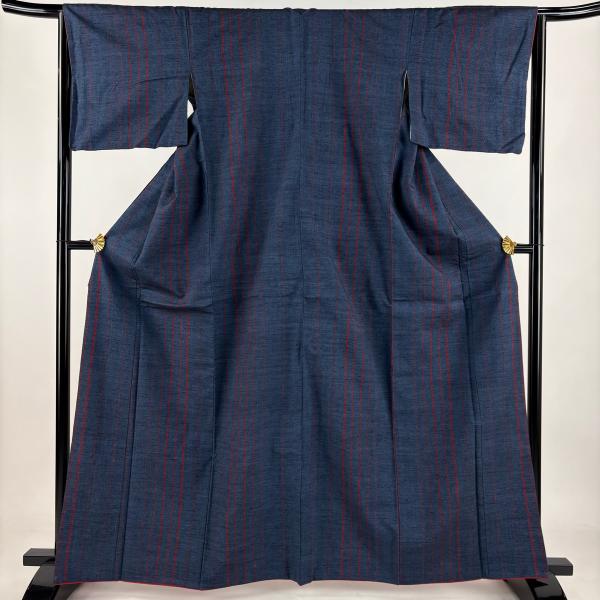 紬 身丈164.5cm 裄丈64.5cm M 袷 縦縞 紺色 正絹 優品 中古 : リユース