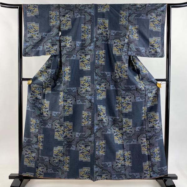 紬 身丈160cm 裄丈62.5cm S 袷 松 流水 青灰色 正絹 優品 中古