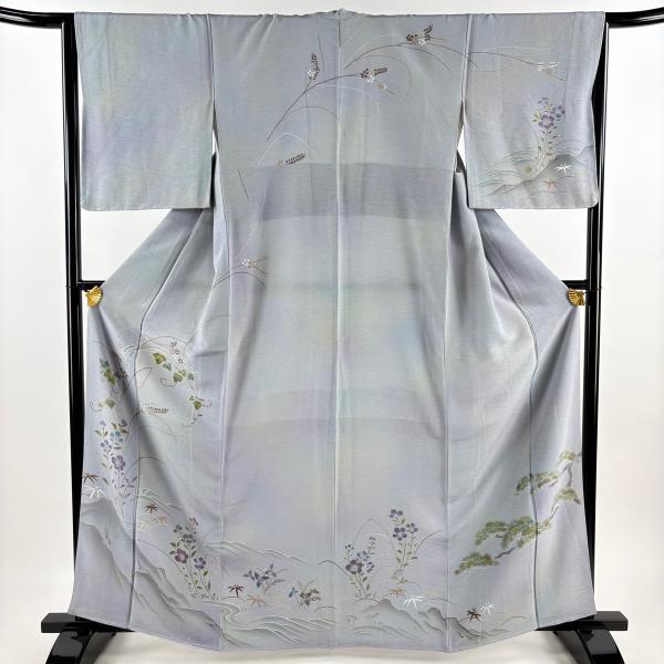 訪問着 身丈163cm 裄丈65.5cm 正絹 逸品 【中古】 訪問着 身丈163cm 裄丈64.5cm M 袷 草花 山並み ぼかし 灰紫 正絹 秀品