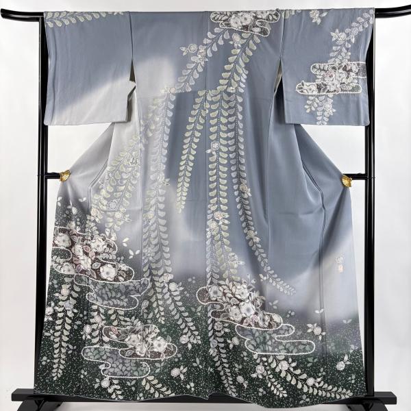 袷　訪問着　辻ヶ花　グレー　未使用　正絹 訪問着 身丈157cm 裄丈65.5cm M 袷 落款あり 辻が花 ヱ霞 染め分け