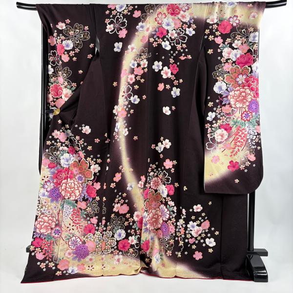 振袖 身丈178cm 裄丈70.5cm L 袷 草花 金彩 ぼかし 茶紫 正絹 名品