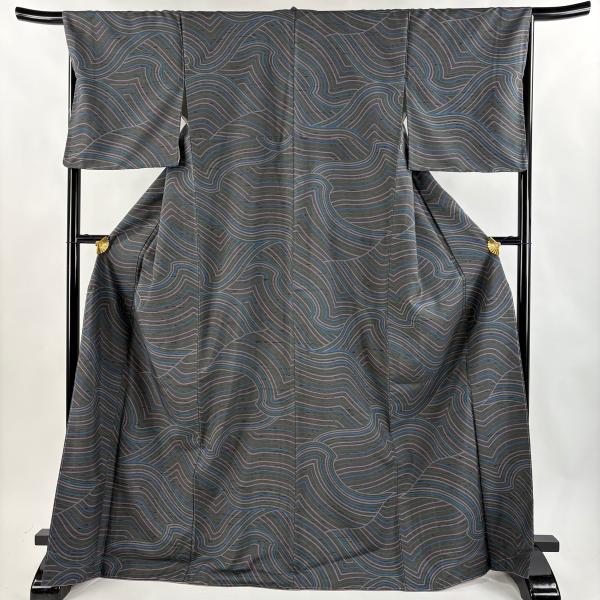 新品　美品　袷　正絹　結城紬　小紋　フルセット　身丈167 裄丈67 中古】 紬 結城紬「奥順謹製」証紙 レディース 正絹 紺 身丈