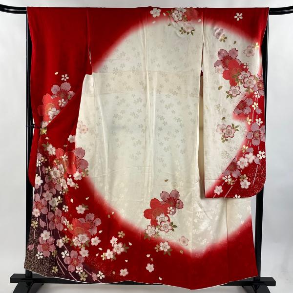 振袖 身丈158.5cm 裄丈66cm M 袷 鈴乃屋 桜 花びら 金銀彩 染め分け 赤