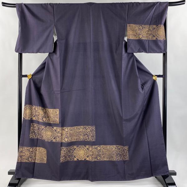 付下げ 身丈164cm 裄丈70cm L 袷 紬地 花唐草 華文 金彩 紫 正絹 逸品