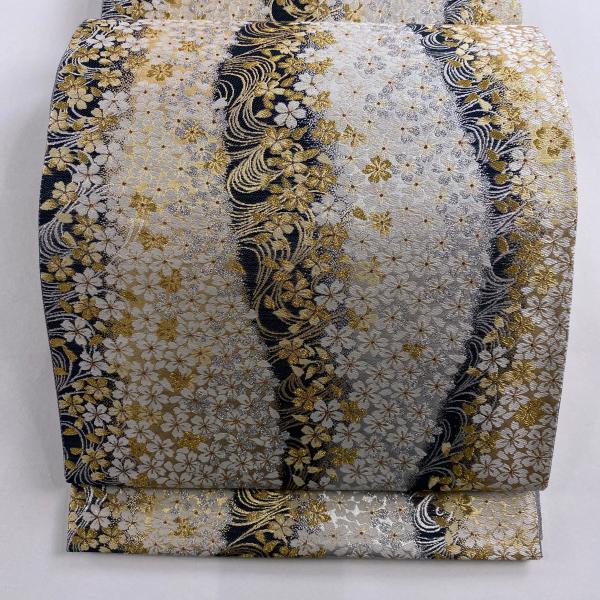 美品 袋帯 秀品 桜 流水 箔 金糸 金色 六通 正絹 中古 : リユース