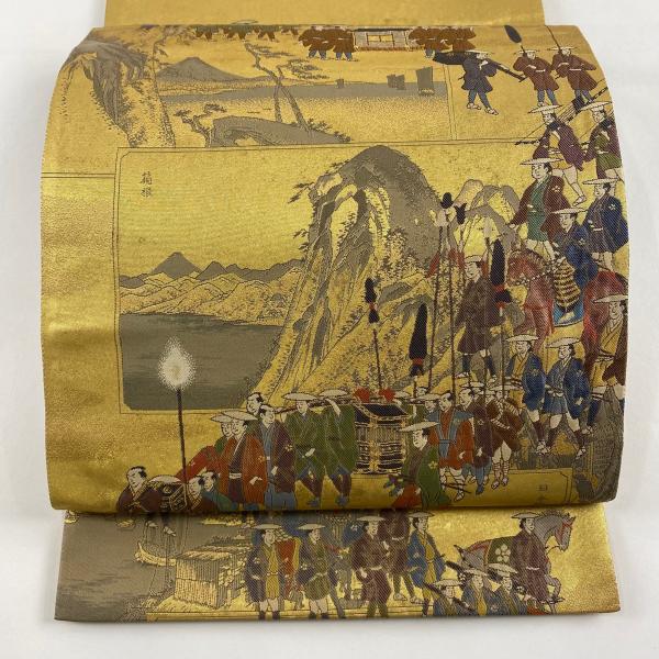 袋帯 秀品 大名行列 風景 金糸 箔 金色 お太鼓柄 正絹 中古 : リユース