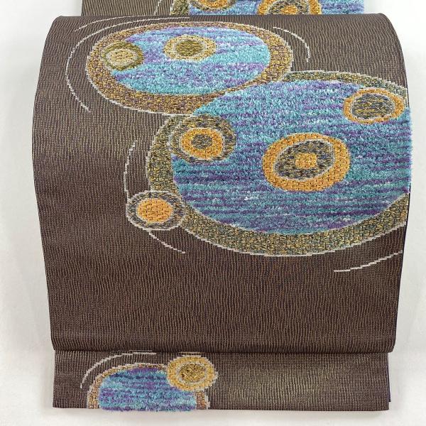 美品 袋帯 名品 証紙あり 幾何学 金糸 箔 金茶 六通 正絹 中古