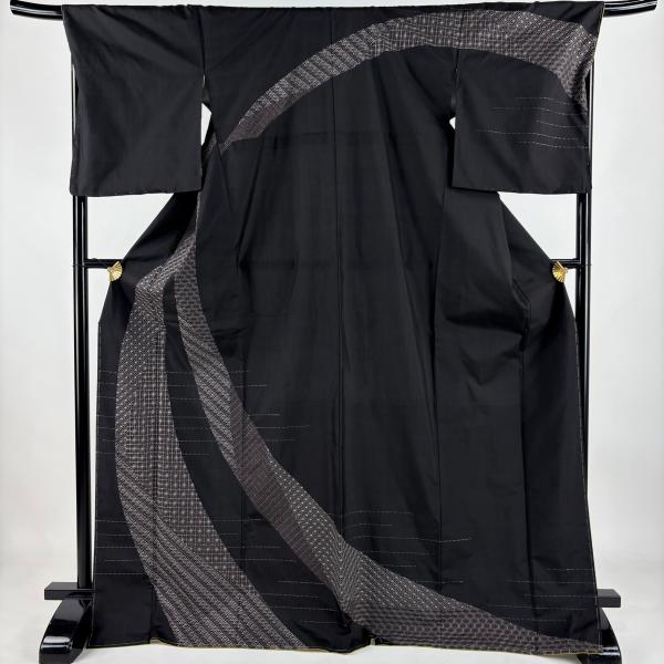 美品 訪問着 身丈173cm 裄丈69cm L 袷 紬地 有職文様 刺し子刺繍 墨色