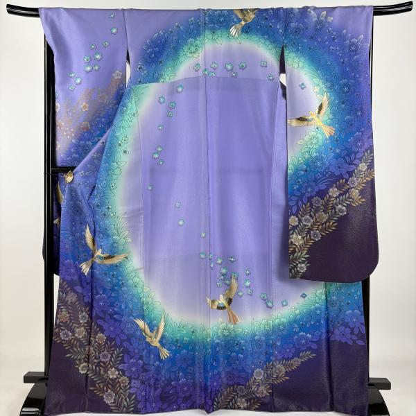振袖 身丈169cm 裄丈68.5cm L 袷 鳥 草花 銀通し 金銀彩 薄紫 正絹