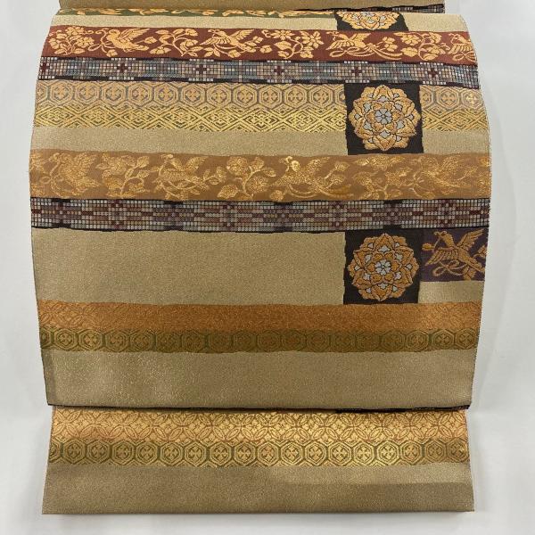 袋帯 秀品 段縞 華文 箔 金通し ベージュ 六通 正絹 中古 : リユース