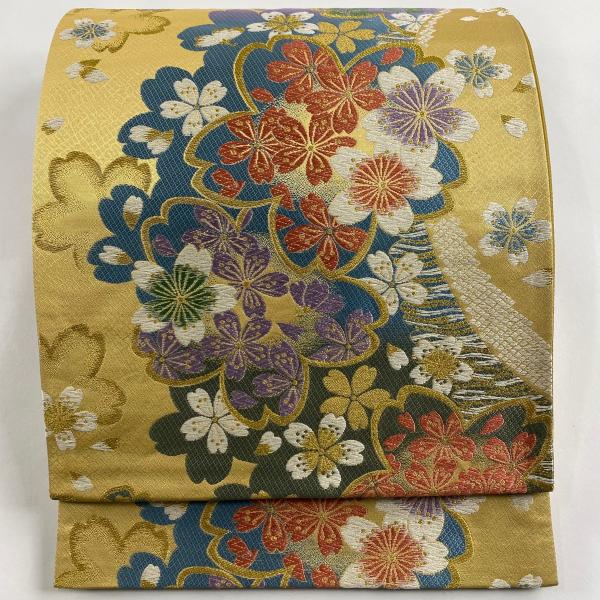 袋帯 美品 秀品 振袖向き 桜 花びら 金糸 箔 金色 六通 正絹 中古