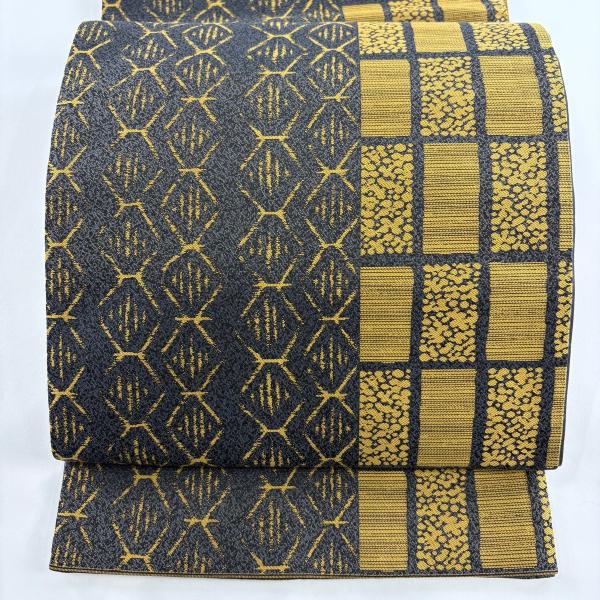 袋帯 美品 秀品 西陣紹?織 幾何学模様 格子 紺色 全通 正絹 中古