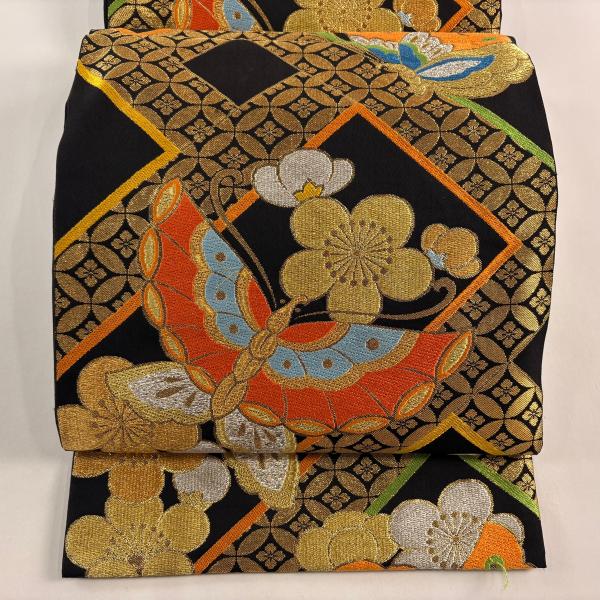袋帯 名品 川島織物 落款あり 蝶 七宝 金銀糸 唐織 黒 六通 正絹