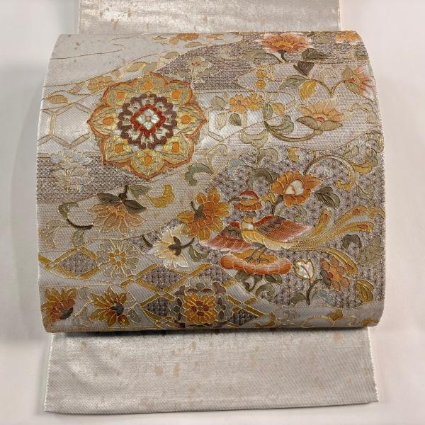 袋帯 美品 名品 華文 鳥 螺鈿 金糸 銀色 お太鼓柄 正絹 中古