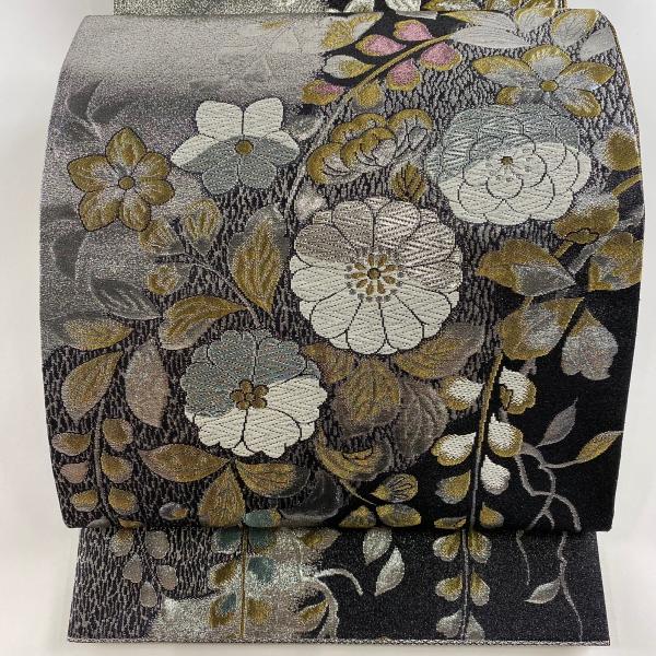 袋帯 美品 名品 菊 草花 箔 唐織 銀色 六通 正絹 中古 : リユース