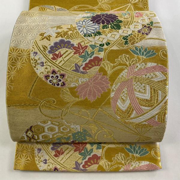 袋帯 美品 名品 振袖向き 鞠 草花 唐織 金銀糸 金色 六通 正絹 中古