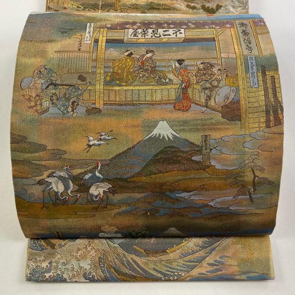 袋帯 美品 名品 富嶽三十六景 箔 金茶 お太鼓柄 正絹 中古 : リユース