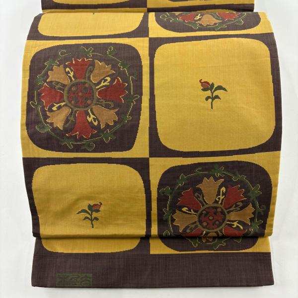 袋帯 美品 名品 木屋太 落款あり 紬地 関西仕立て 草花 市松 茶色 六通