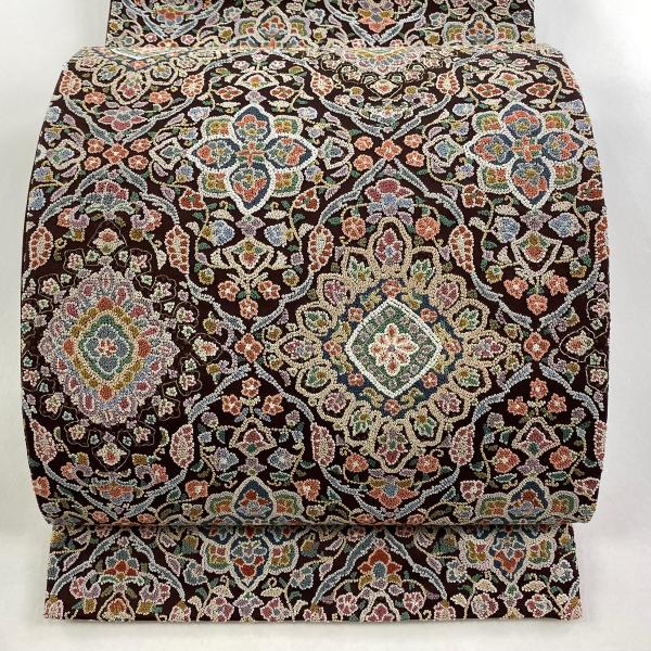 袋帯 美品 逸品 華文 草花 金糸 相良刺繍 焦茶色 六通 正絹 中古