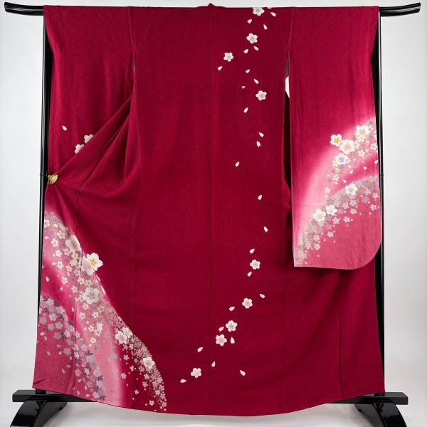 振袖 身丈162.5cm 裄丈65cm M 袷 桜 梅 金彩 ぼかし 赤 正絹 秀品 中古