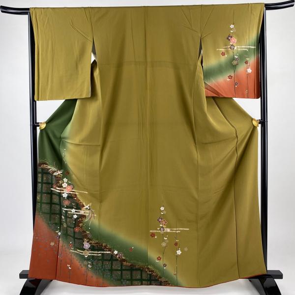 訪問着 身丈163.5cm 裄丈65.5cm M 袷 梅 鳳凰 刺繍 金銀彩 茶緑色 正絹