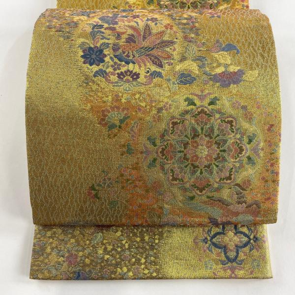美品 袋帯 秀品 華文 鳥 箔 金糸 金色 六通 正絹 中古 : リユース