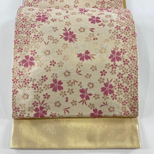 美品 袋帯 秀品 桜 箔 唐織 クリーム 六通 正絹 中古 : リユース