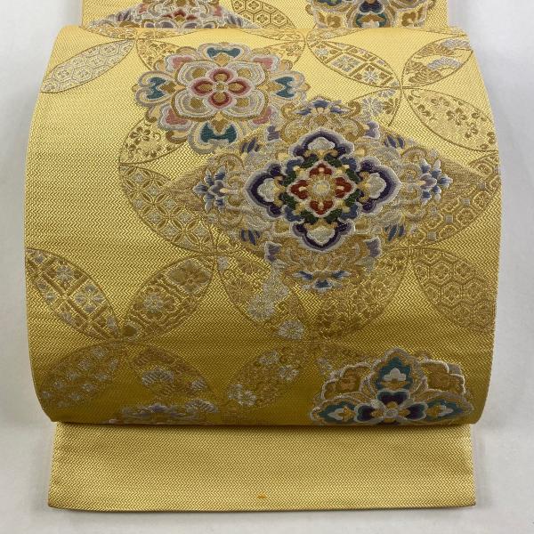 美品 袋帯 秀品 証紙あり 華宝錦 華文 七宝 金銀糸 箔 薄黄 六通 正絹