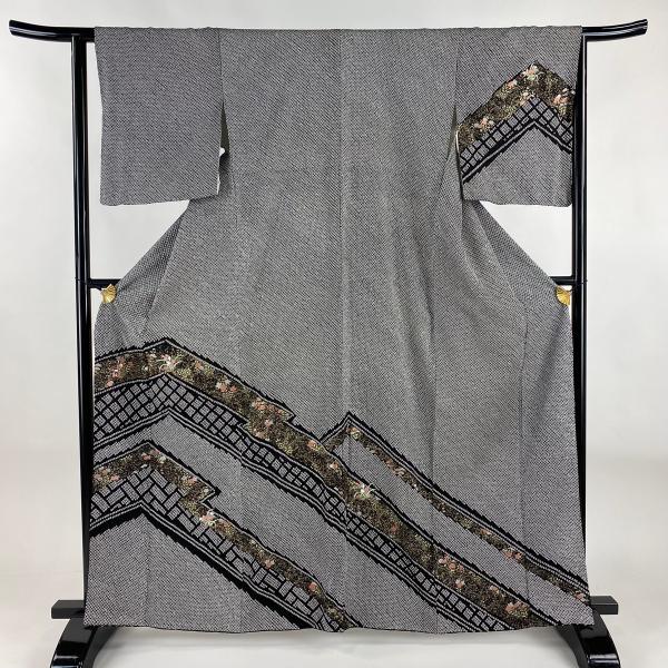 訪問着 身丈162.5cm 裄丈63.5cm S 袷 草花 幾何学模様 金銀彩 絞り 黒