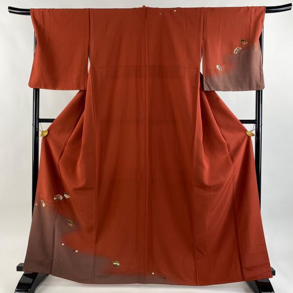 付下げ 身丈164cm 裄丈68.5cm L 袷 扇 波 刺繍 金糸 赤茶 正絹 秀品