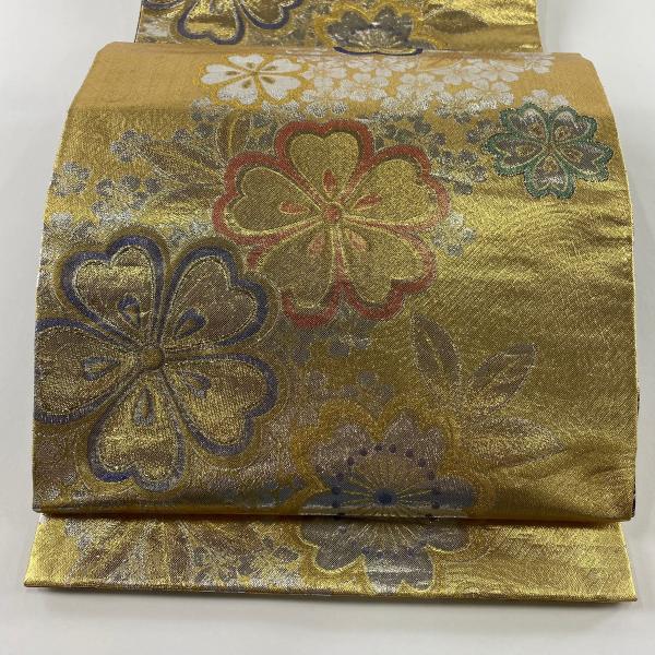 【翁 本金箔】金色 波模様 六通柄袋帯1226 袋帯 本金二重箔 扇面花鳥 文六通柄 良品 フォーマル用 正絹 古典柄 箔