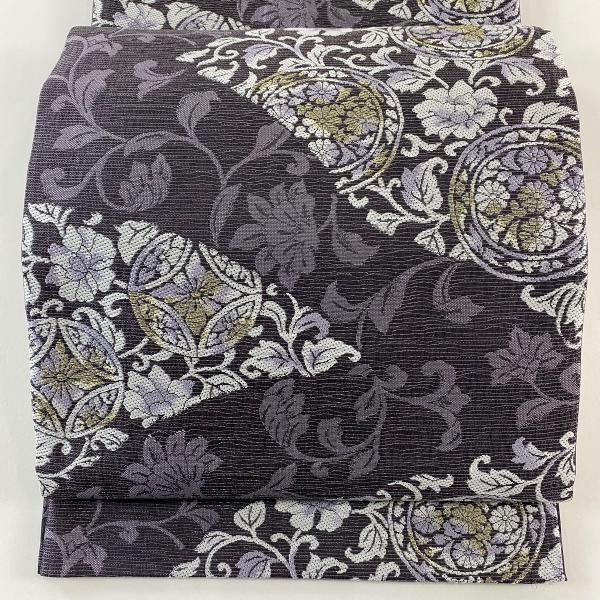 アイボリー 正絹(一部銀糸) 花唐草に丸文 古典文様 六通柄 袋帯 美品 アイボリー 正絹(一部銀糸) 花唐草に丸文 古典文様 六通柄 袋帯 美品