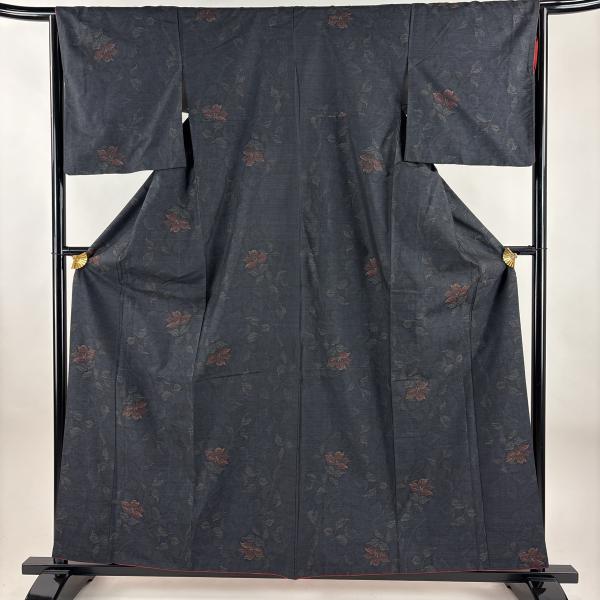 大島紬 身丈160.5cm 裄丈64cm M 袷 純泥染 やまと 証紙あり 草花 濃紺