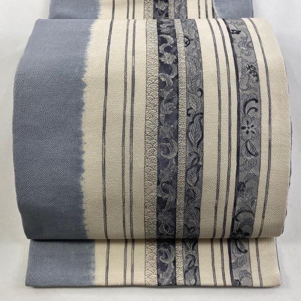 開き名古屋帯 秀品 花唐草 縞 縮緬 絞り 青灰色 正絹 中古 : リユース