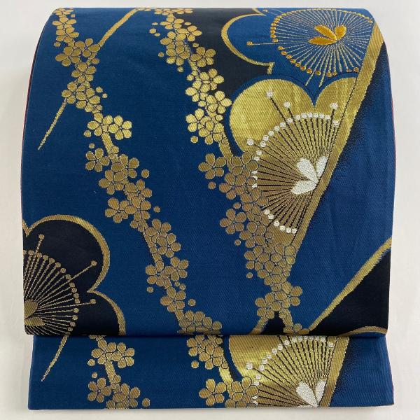 美品 袋帯 秀品 梅 金糸 箔 青黒 六通 正絹 中古 : リユースセレクト