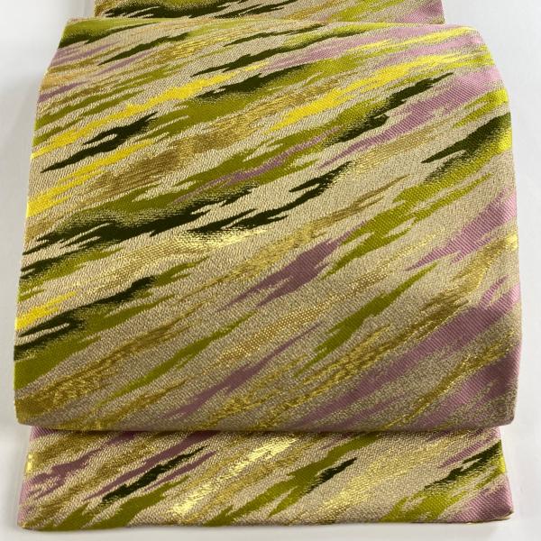 美品 袋帯 秀品 幾何学 金糸 箔 金茶 六通 正絹 中古 : リユース