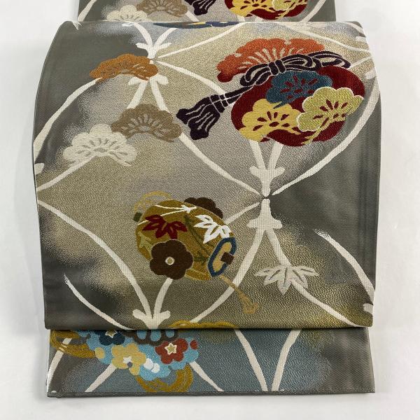 袋帯 名品 弔事向き 色喪帯 関西仕立て 松竹梅 宝尽くし 金糸 灰緑 六