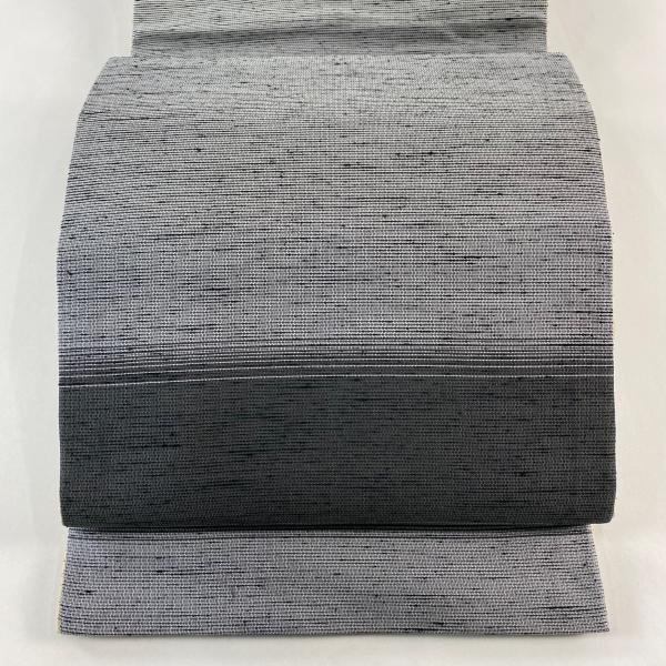 美品 袋帯 名品 紬地 縞模様 灰色 全通 正絹 中古 : リユースセレクト