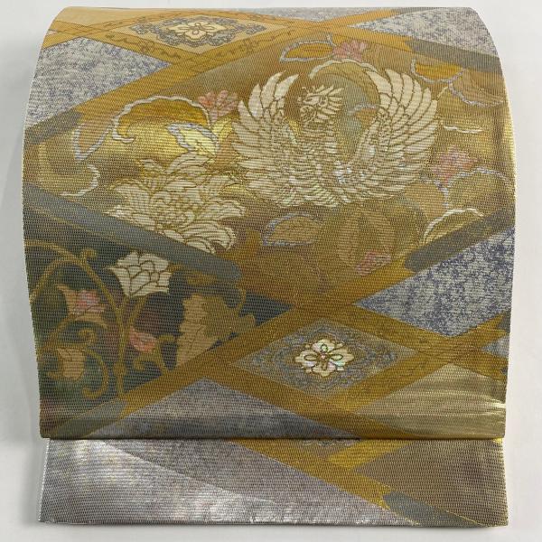 美品 袋帯 秀品 鳥 草花 螺鈿箔 箔 銀色 お太鼓柄 正絹 中古