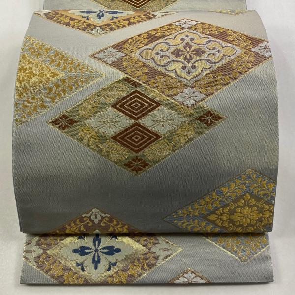 美品 袋帯 逸品 川島織物 落款あり 菱 華文 金糸 箔 青灰色 六通 正絹