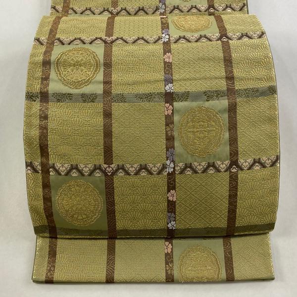 袋帯 秀品 麗粋唐織 華文 格子 金糸 箔 抹茶色 六通 正絹 中古