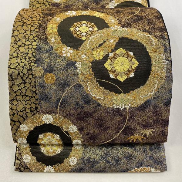 袋帯 名品 じゅらく 落款 花唐草 市松模様 金糸 箔 青紫 六通 正絹