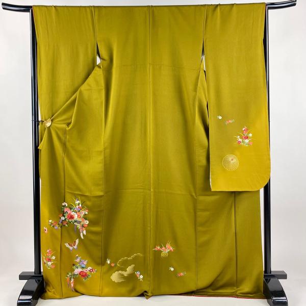 振袖 身丈172cm 裄丈66cm M 袷 草花 蝶 刺繍 金糸 鶯色 正絹 秀品 中古