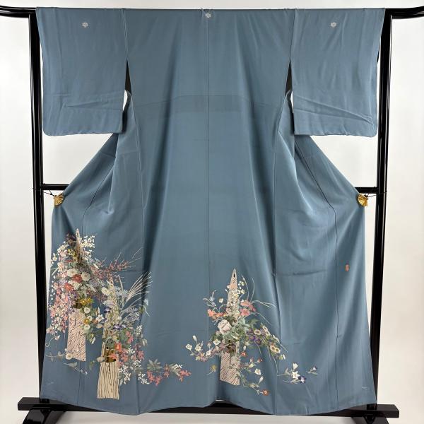 色留袖 身丈158.5cm 裄丈64.5cm M 袷 落款あり 花器 草花 水色 正絹