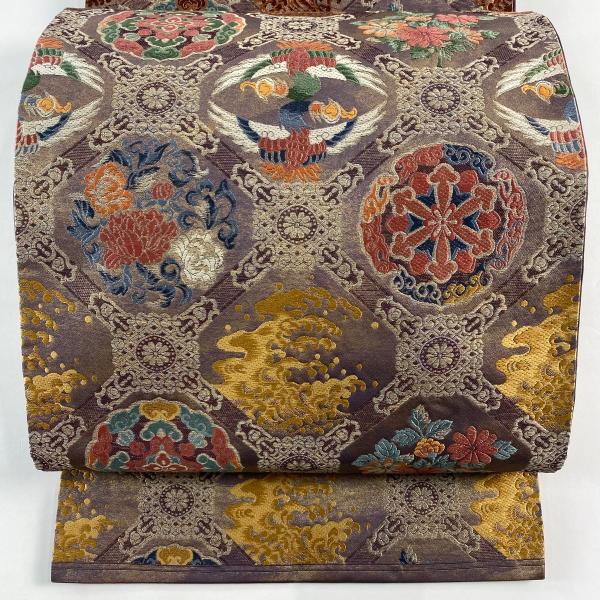 美品 袋帯 秀品 蜀江華文 花鳥 刺繍 金糸 灰紫 六通 正絹 中古