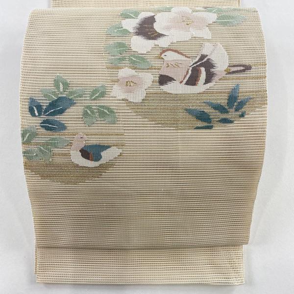 美品 袋帯 秀品 夏帯 絽 草花 鳥 金銀糸 箔 ベージュ お太鼓柄 正絹