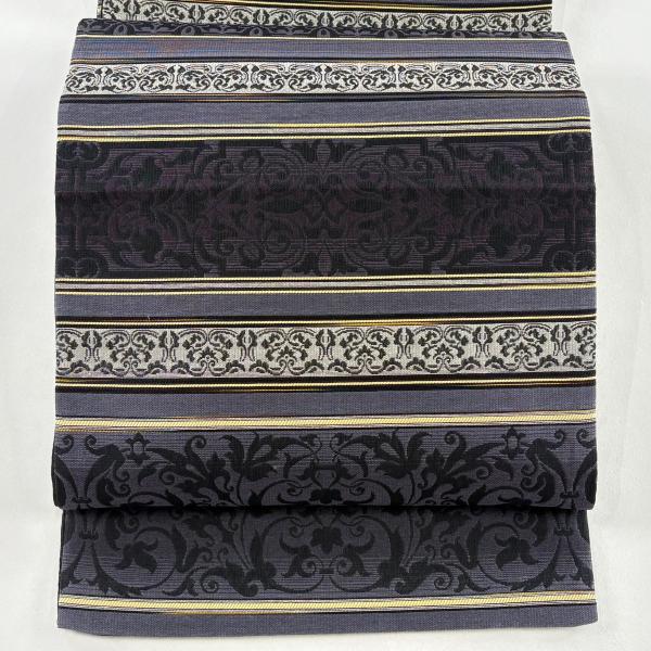 袋帯 秀品 夏帯 花唐草 段縞 灰紫 全通 正絹 中古 : リユースセレクト