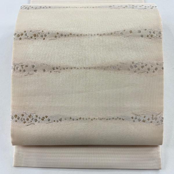 美品 袋帯 名品 落款あり 夏帯 絽 吹き寄せ 金銀糸 ピンクベージュ