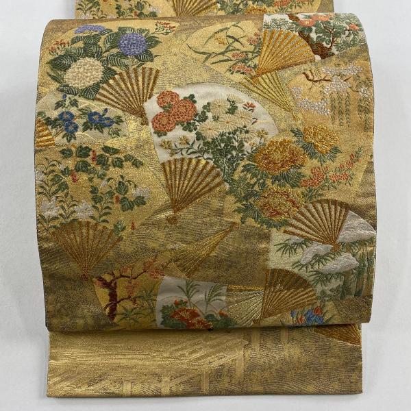 （袋帯）正絹 本金箔時代草花模様 袋帯（良品）（リサイクル） 美品 袋帯 秀品 扇 草花 金糸 箔 金色 六通 正絹 中古 : リユース